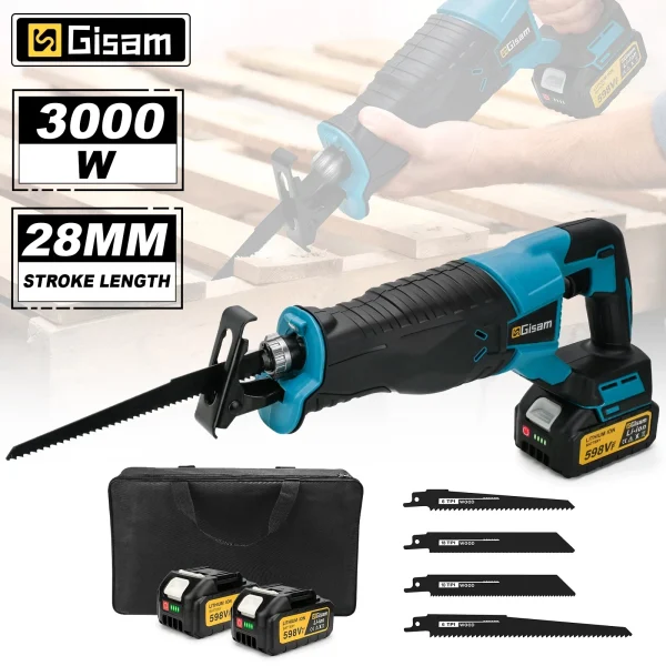 Gisam 10000SPM Cordless Reciprocating Saw Power Saw for Wood/Metal Cutting Power Tool with 4pcs Blade For Makita 18v Battery Pin